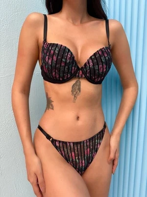 Damen BH Set mit Rosenmuster – BH & Slip, Transparent, Gepolstert, Schwarz-Rosa - Bild 1 von 4