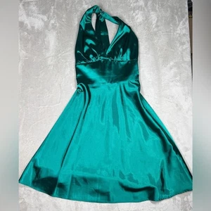 Vintage Y2K ABS Allen Schwartz Green Satin Cocktail Midi Halter Dress Size 4 - Picture 1 of 16
