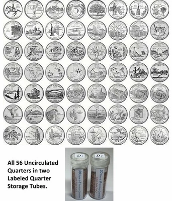 1999-2009 D STATE+TERRITORIES UNCIRCULATED 56-quarters set fr US Mint+Bank Rolls - Image 1 of 4