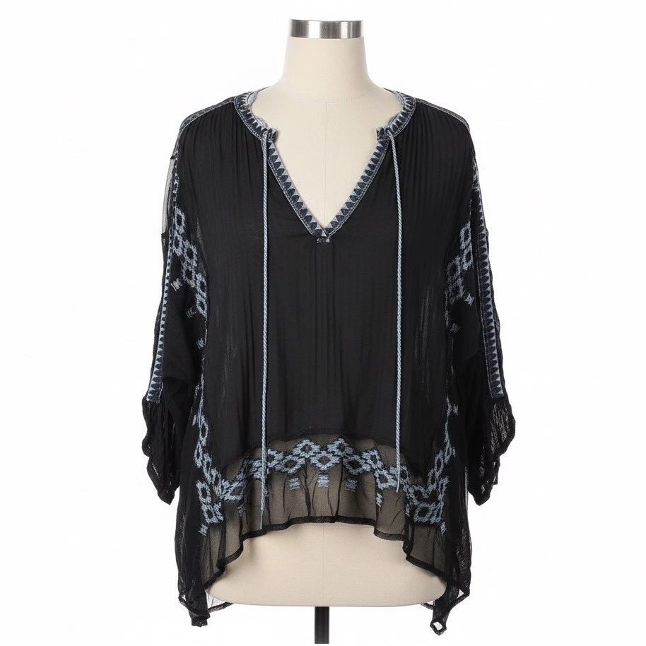 Blusa túnica Free People Eden azteca negra de malla bordada Top Boho Festival Med Foto 1 de 4