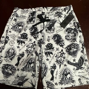 Ed Hardy Mens Off White Flashboard Print Elastic Waist Pockets Casual Short Sz S - Picture 1 of 2
