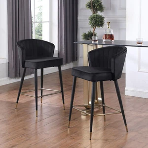 Set of 2 Velvet Upholstered Bar Stools Kitchen Counter Height Dining Chair Black - Picture 1 of 9