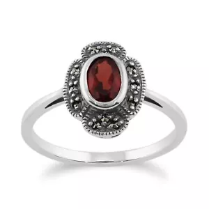 Art Déco Estilo Ovalado Granate Y Marcasita Anillo En 925 Plata de Ley - Imagen 1 de 4