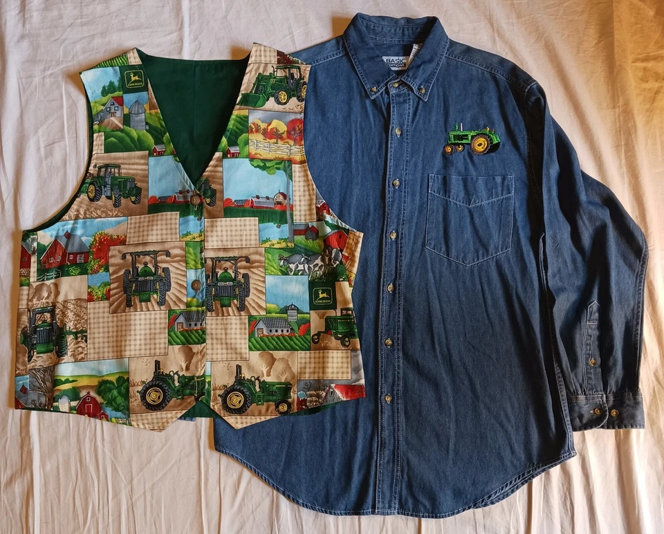 2 John Deere Tractor Womens M L Hand Crafted Vest & Custom Demin Button Up Shirt - Image 1 of 4