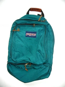 Vtg JANSPORT USA MADE Teal Green/Brown Leather HIKING BACKPACK School Travel Bag - Picture 1 of 8