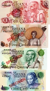 Ghana SPECIMEN Set P-13 to P-16 1-2-5-10 Cedis Banknotes - Picture 1 of 2