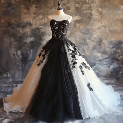 Gothic Wedding Dresses Lace Strapless A Line Black White Sleeveless Bridal Gowns - Image 1 of 3