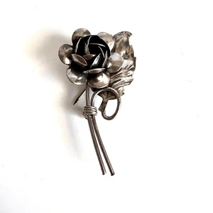 Vintage Sterling Silver Romantic Rose Stem with Leaf Flower Brooch - Picture 1 of 7