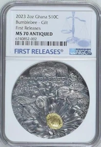 NGC MS70 FR Ghana 2023 Bumblebee Nature Architects 2oz Silver Coin 10 Cedis - Picture 1 of 2