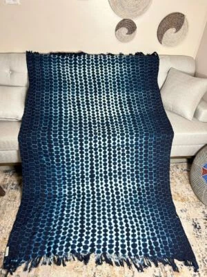 Authentic African Mudcloth Indigo Textile Boho Fringe Shibori Blanket Throw - Image 1 of 4
