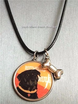 Rottweiler 狗项链骨饰品 Rottweilers 规则 20 英寸可调节镀银 — 第 1/4 张图片