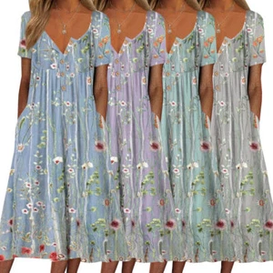 Beach Boho Sundress Floral Midi Dress Short Sleeve Button V Neck Flowy Dresses - Picture 1 of 12