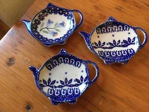 3er Set Teebeutelhalter polnische Keramik blau weiß Blumen Top Zustand - Bild 1 von 5
