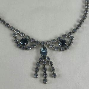Tassel Choker Necklace 14” Blue Rhinestones Silver Tone Adjustable - Picture 1 of 8