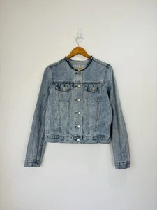 Giacca denim Gap donna taglia small blu sbiadito senza colletto orlo grezzo invecchiato boxy - Foto 1 di 11