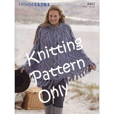 New Sirdar 8442 Denim Ultra Ladies Cabled Fringed Poncho Knitting Pattern - Image 1 of 2