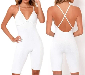 Damen Rippstrick Kurz Rückenfrei Body Unitard Strampler Gr. Small Weiß - Bild 1 von 11
