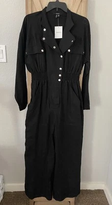 Mono negro manga larga Forever 21 botones a presión bolsillos mezcla de lino talla M Foto 1 de 4