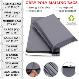 Grey Mailing Postage Bags Mixed Sizes Large Strong Poly Self Seal Plastic Postal - Picture 1 of 17