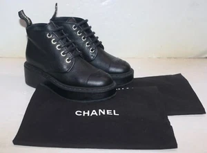 Chanel Pebbled Calfskin Pearl Lace Up Combat Short Boots 36.5 Black - Picture 1 of 15