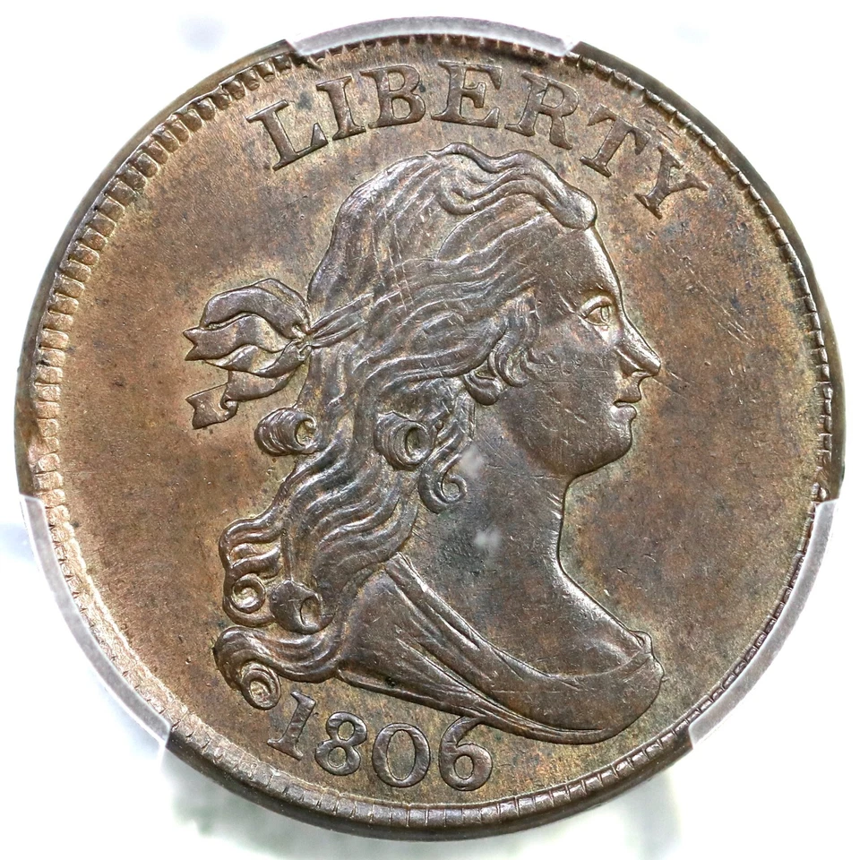 1806 C-1 PCGS AU 58 Lg 6, Stems Draped Bust Half Cent Coin 1/2c - Image 1 of 3