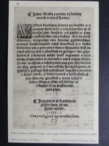 Welsh Historic Literature: LAST PAGE SALESBURY'S DICTIONARY By Library of Wales - Picture 1 of 2