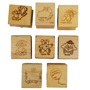 Timbri gomma legno dimensioni piccole ippopotamo pagliaccio rana palloncino orso campane lotto di 8 - Foto 1 di 9