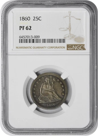1860 Liberty Seated Silver Quarter PR62 NGC Cover