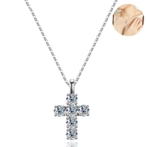 5mm D Color Moissanite Cross Pendant Necklace Chain Sterling Silver Pass Tester - Picture 1 of 17