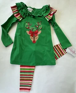 Bonnie Jean Girl Size 5 Appliquéd Rudolf The Red Nose Top Striped Leggings NWT. - Picture 1 of 5