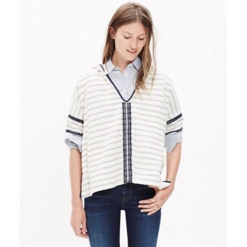 OFF WHITE Felpa con cappuccio Madewell donna XS S panna e grigia a righe orlo all'uncinetto maniche corte