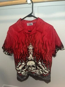 Xtreme Limit Youth Kids Sz 14/16 Flaming Skulls Short Button Down Dress Shirt - Picture 1 of 12