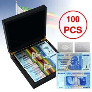 100pcs Zimbabwe One Hundred Trillion Dollars Silver Foil Banknotes in Wooden Box - Picture 1 of 7