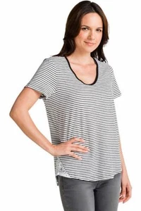 Esprit Women Top Cotton V Neck Stripe Lace Trim Tee Tshirt SZ L AU 12 NEW - Picture 1 of 8