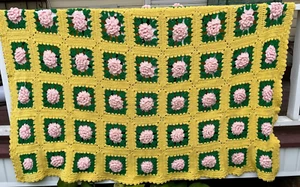 VGT Primitive Hand Made Afghan Granny Squares & Flowers Pattern Quilt 73 X 71 - Picture 1 of 2