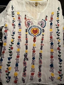 Vintage bestickte Bohemian Bluse Blumen mehrfarbig dünn Made In India XL - Bild 1 von 4