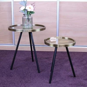 Ari Set of 2 Round Gold Tripod Leg Side Tables Coffee End Vintage Retro - Picture 1 of 4