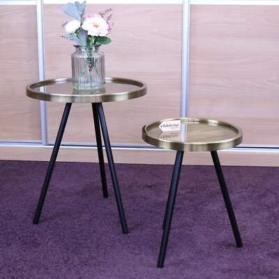 Ari Set of 2 Round Gold Tripod Leg Side Tables Coffee End Vintage Retro - Image 1 of 4