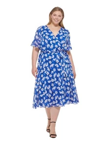DKNY Womens Blue Cuffs Tie Belt Lined Short Sleeve Midi Faux Wrap Dress Plus 16W - Picture 1 of 11