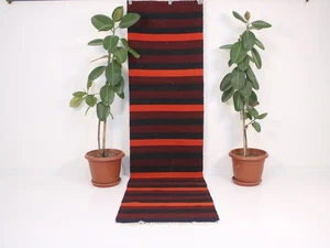 Vintage Handgewebt Kelim Läufer Teppich Rot Schwarz Gestreift Wolle Flachgewebe 2,5x9 Fuß - Bild 1 von 10
