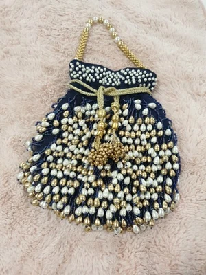 Poorva Potli/Pouch/ Bag Blue With Faux Pearls And Beads Drawstring Closure - Image 1 of 4