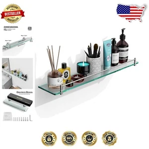 24-Inch Floating Glass Shelf - Brushed Nickel Modern Wall-Mount for Bathroom - Picture 1 of 8