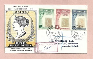 MALTA 1960 - HUNDERTJAHRFEIER DER 1. BRIEFMARKENAUSGABE - EINGETRAGEN FDC - Bild 1 von 1