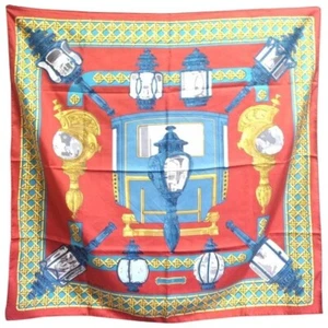 Vintage Hermes large carre twill silk scarf in light brick red, blue, and gold. - Picture 1 of 10