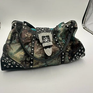 Vintage Women's Handbag Rhinestone Buckle Purse Camouflage Floral Pattern - Picture 1 of 12