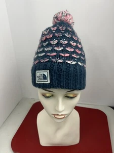 The North Face Stocking Beanie Hat Cap Youth Junior Gray Pink Heart Tassel Ball - Picture 1 of 8