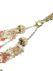 Beaded Tassel Necklace Pink Beads Pearls Toggle Closure Beaded Fringe 19In Gold  - Picture 1 of 9