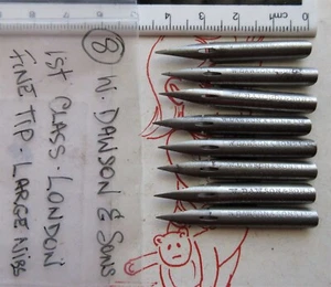 8 VINTAGE W DAWSON & SONS LTD-1ST CLASS-LONDON-FLEXIBLE LARGE STEEL DIP PEN NIBS - Picture 1 of 2