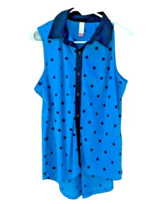 WOMEN'S LG 11-13 NO BOUNDARIES BLUE GREEN WITH BLACK DOTS SLEEVELESS COLLAR - Image 1 of 4