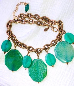 Chico's green stone Elara bib necklace Statment 22 inches Necklace brass chain - Picture 1 of 11